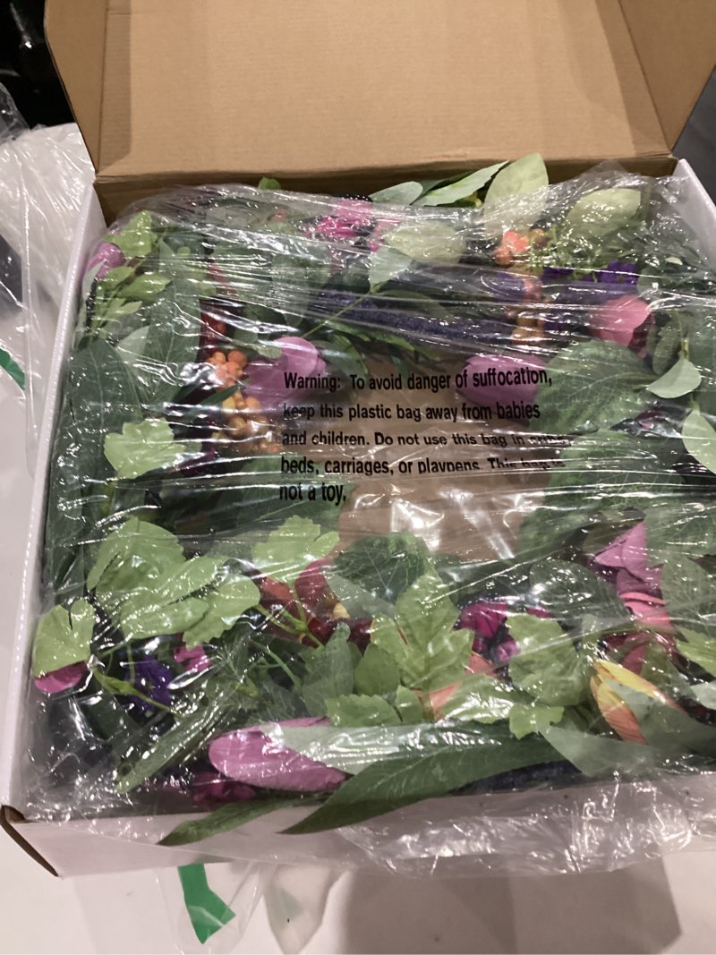 Condition photo showing New/Like New for 22 inch Spring Summer Wreath Tulip Wreath for Front Door with Purple Tassels, Eucalyptus Leaves, Ferns, Butterflies for Indoor Outdoor Wall Festival Home Farmhouse Wedding Decor Colorful Tulips