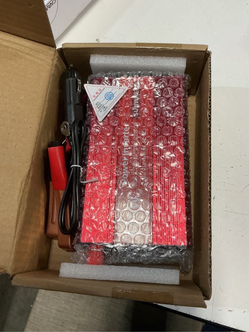 Condition photo showing New/Like New for sunwheel 500w power inverter dc 12v to 110v ac car inverter with 2 x 3.1a usb ports and dual ac outlet, equipped with 1 cigarette lighter and 2 battery clamps for road trip and camping