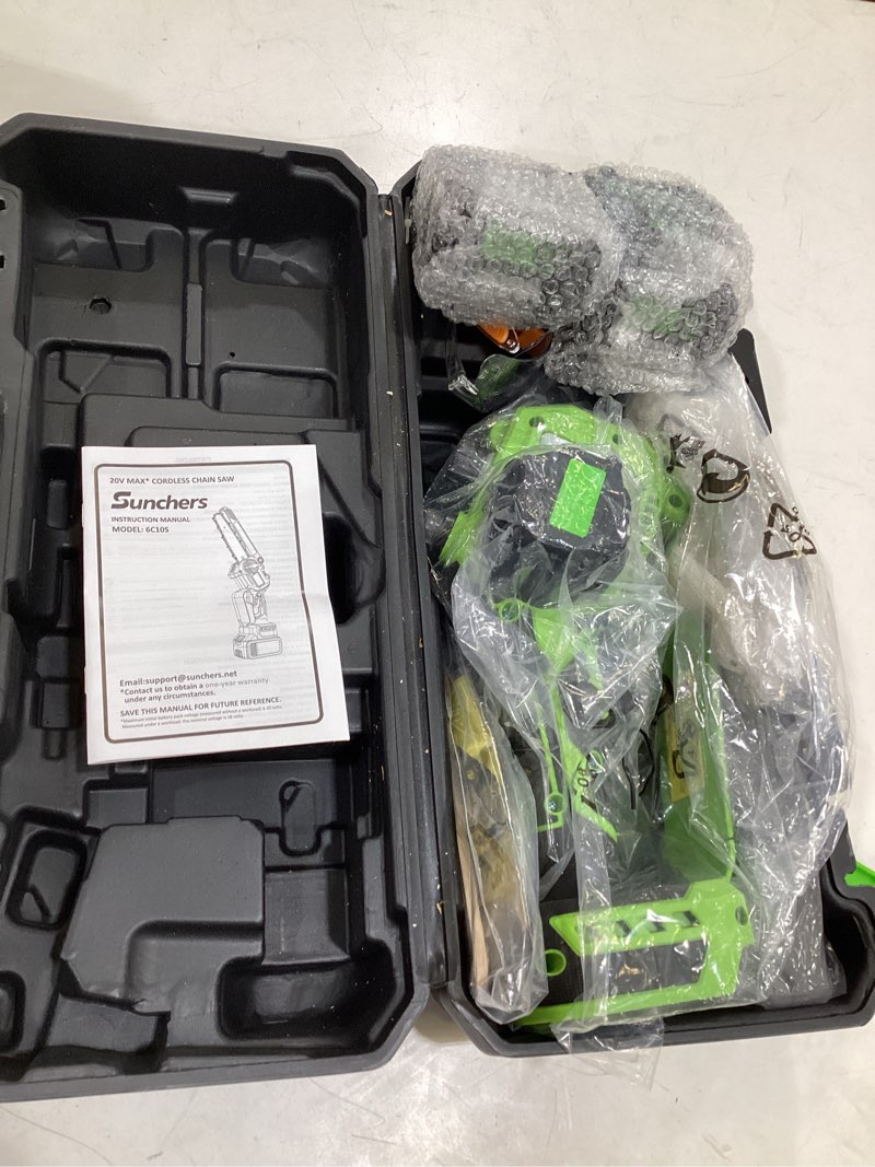 Condition photo showing As Is for mini chainsaw cordless, 6 inch electric chainsaw with 2 battery, handheld battery powered chain saw with auto oiler, garden tools saw for wood cutting tree cutter, holiday gifts for men, dad, husband green