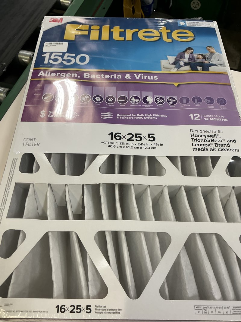 Condition photo showing New/Like New for filtrete 16x25x5 ac furnace air filter, mpr 1550, merv 12, fits honeywell & trion airbear, certified asthma & allergy friendly, electrostatic air filter, 1-pack (actual size 15.75 x 24.13 x 4.88) 15.8" x 24.1" x 4.9"