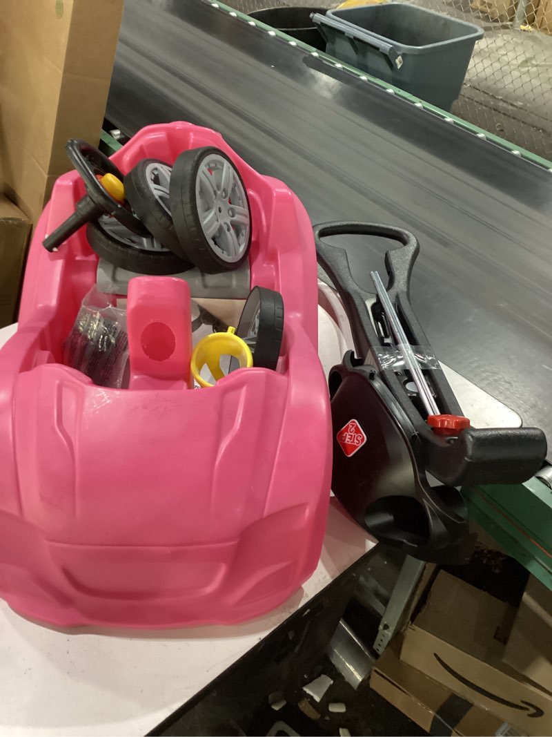 Condition photo showing New/Like New for step2 whisper ride cruiser kids push car, ride on toy, stroller substitute, includes seat belt & horn, made of durable plastic, max weight 50 lbs., for toddlers 1.5-4 years old, pink pink push car