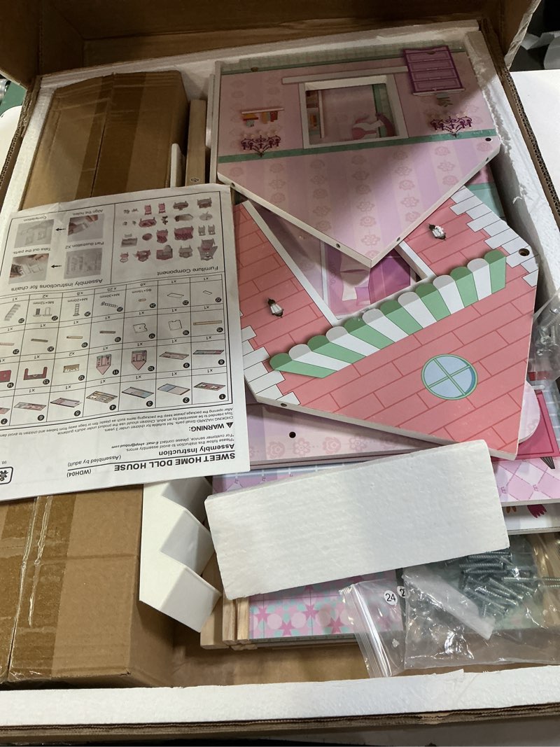 Condition photo showing Good Condition for robud wooden dollhouse, doll house playset with 24-pcs exquisite accessories, working elevator, gift for ages 3+ pink