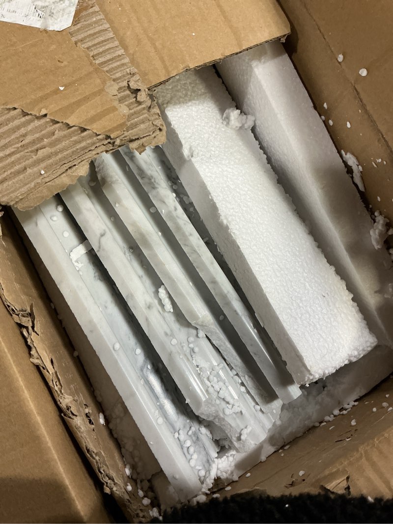 Condition photo showing As Is for Diflart 4-Pack Carrara White Marble Baseboard Trim Molding, 5x12 Inch, Polished, Marble Wall Skirting Base Trim Moulding for Shower Bathroom Wall Kitchen Backsplash 5 x 12 inch Round White Carrara Polished