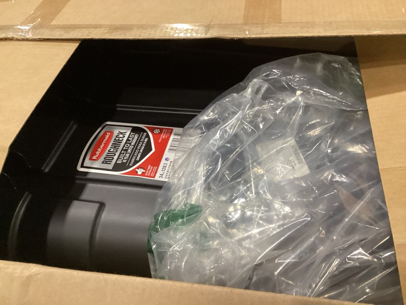 Condition photo showing Good Condition for rubbermaid roughneck heavy-duty wheeled trash can with lid 34-gallon black for home/outdoor garbage disposal