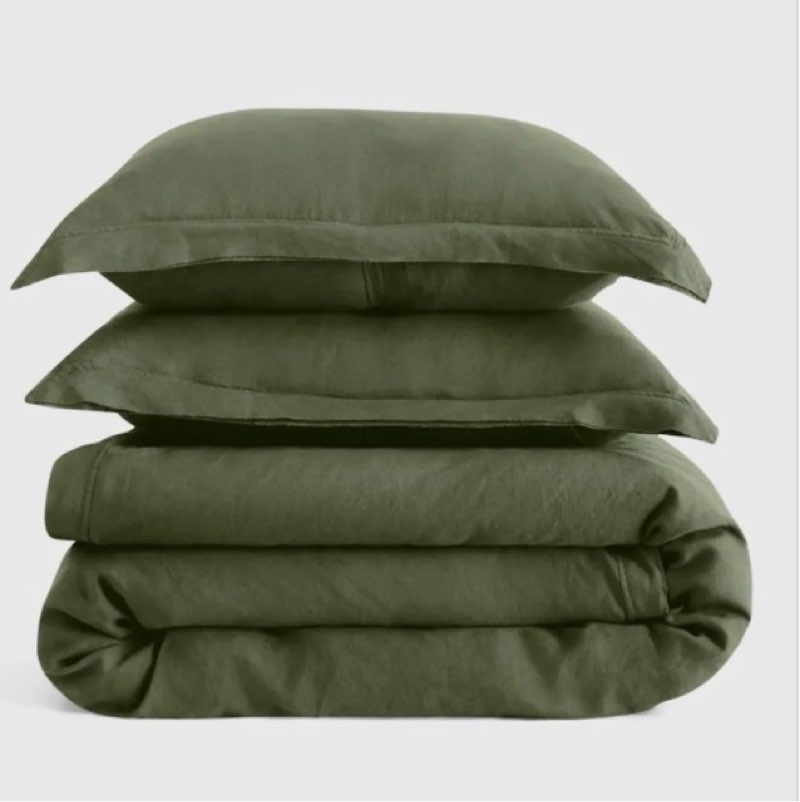 quince european linen double flange queen duvet cover set ‘pine’ green