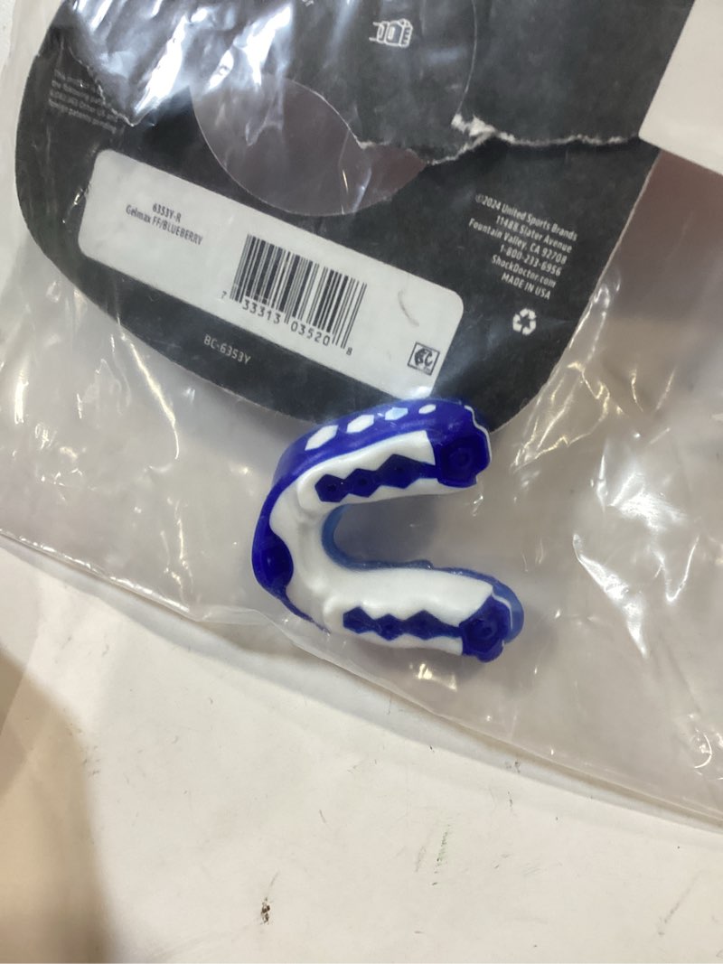 Condition photo showing As Is for shock doctor mouth guard sports, hockey, lacrosse, baseball, wrestling moutguard, gel max heavy duty protection & custom fit, football mouth guard with strap, adult & youth mouthguard flavored youth blueraspberry