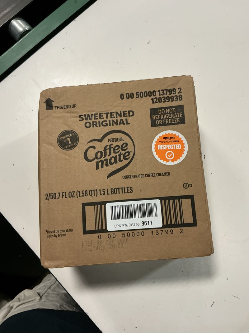 Condition photo showing New/Like New for (by may-2026)coffee mate sweetened original liquid creamer pump bottle - gluten-free - sweetened original flavor - 50.72 fl oz (1.50 l) - 2/carton - 300 serving