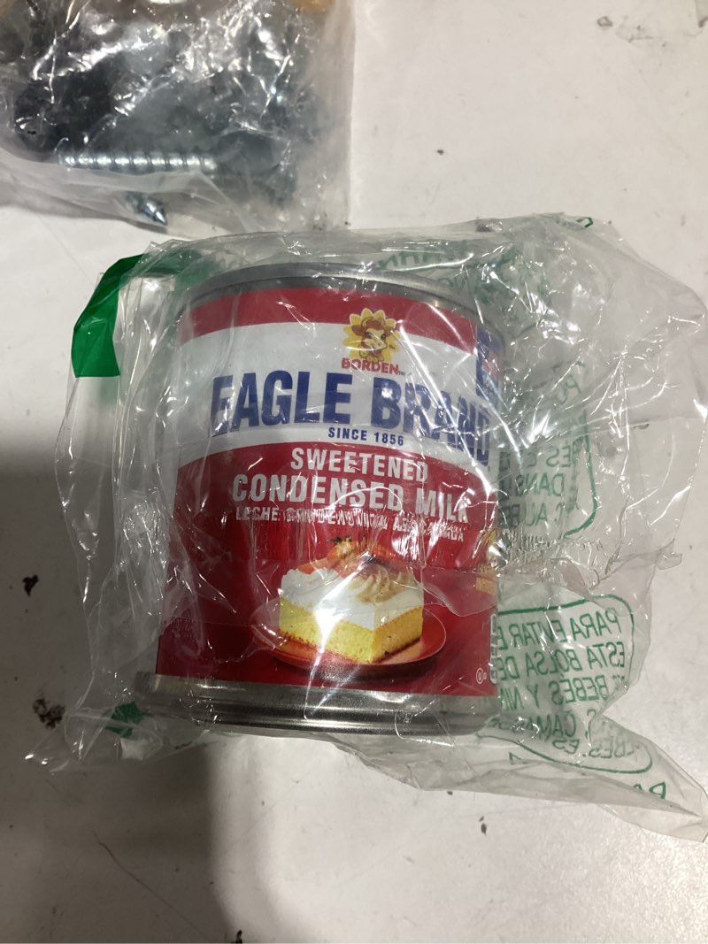 Condition photo showing As Is for eagle brand 14oz sweetened condensed milk, great for flan, cooking, baking, drinks, dessert, ice cream, no artificial ingredients, gluten free, rich creamy flavor, rbst-free, kosher-dairy 14 fl oz (pack of 1)