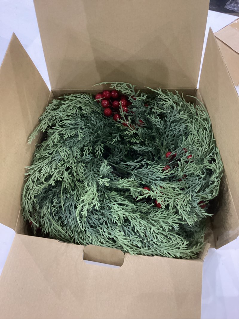 Condition photo showing Good Condition for 9Ft Christmas Garland, Artificial Cedar Cypress Garland with Red Berry, Bendable Faux Pine Realistic Greenery Garland for Table, Stairs, Porch, Mantle, Fireplace Indoor Outdoor Christmas Decorations 1