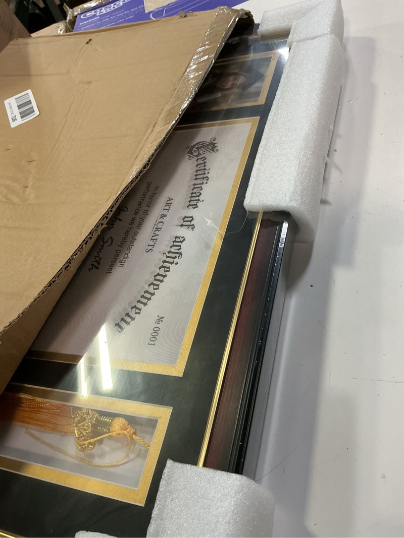 Condition photo showing Good Condition for yaetm 11x22 diploma frame with tassel holder for 8.5x11 certificate document & 4x6 photo with high definition glass, black mat over gold acid-free mat, mahogany graduation frame 2026 11x22 diploma frame with tassel and picture mahogany