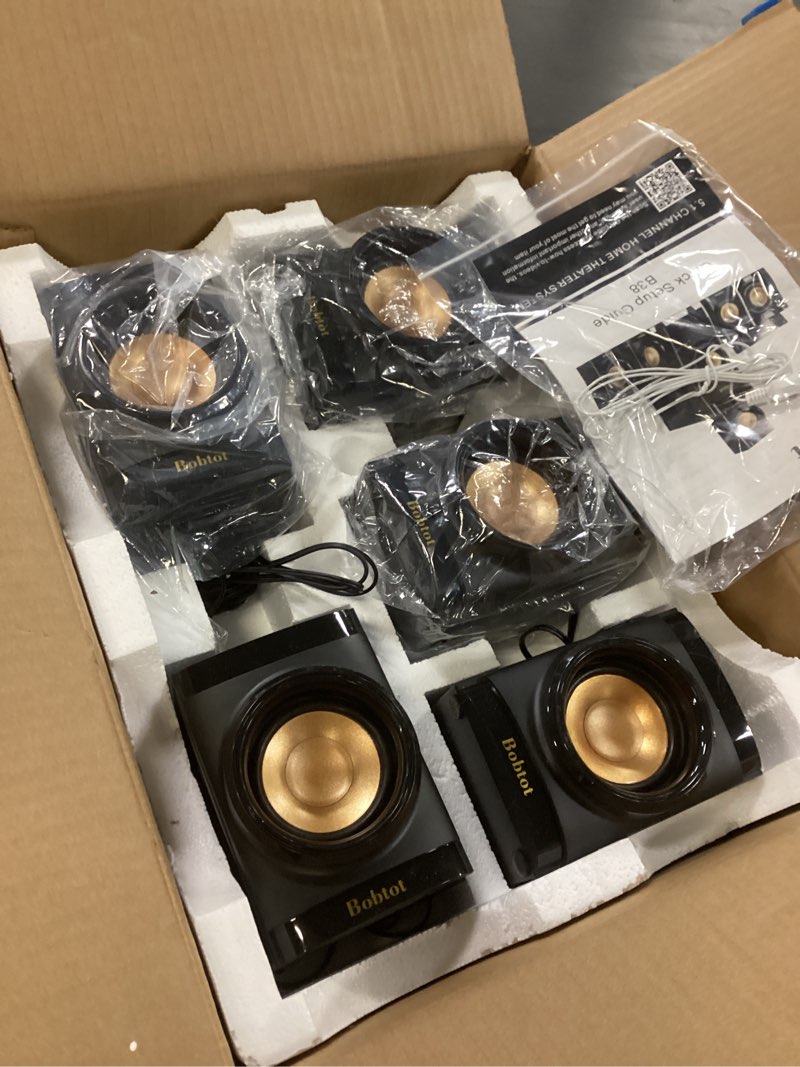 Condition photo showing New/Like New for Bobtot Small Subwoofer Home Theater for TV Surround System 5 Wired Speakers Amplifier 4 inch Woofer Built-in Receiver Support HDMI ARC Optical Bluetooth Input for Projector