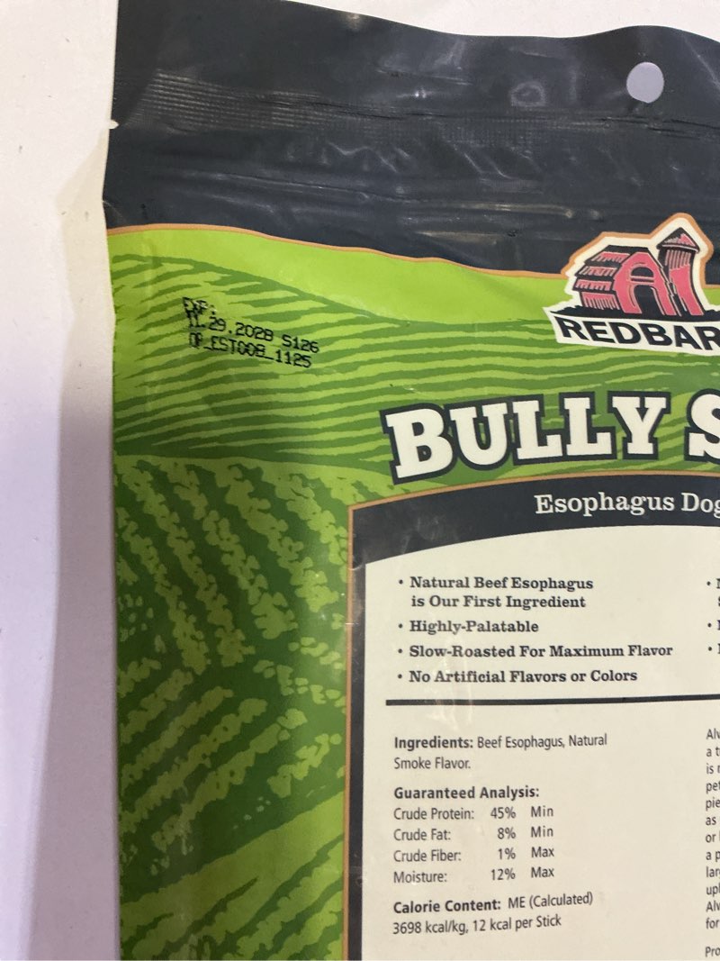 Condition photo showing New/Like New for exp-11/29/2028) redbarn bully slims esophagus dog treats – 4.7 oz bag – single protein made with natural beef esopha