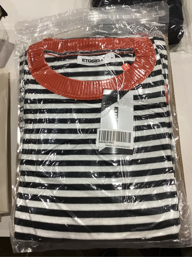 Condition photo showing New/Like New for Womens 2024 Striped Long Sleeve Sweaters Fall Crewneck Color Block Shirts Knited Pullover Tops Side Split Black White Orange Medium