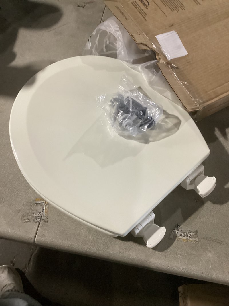Condition photo showing As Is for bemis 500ec durable wood toilet seat with easy clean hinges, made in usa, round, biscuit