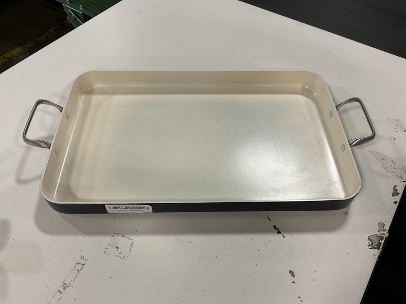 Condition photo showing Good Condition for GreenPan 18" x 11" Double Burner Griddle Pan, Hard Anodized Healthy Ceramic Nonstick PFAS-Free, Stainless Steel Handles, Stovetop Cooking, Dishwasher Safe, Oven & Broiler Safe Cookware, Oxford Blue 18" x 11" x 2" Oxford Blue