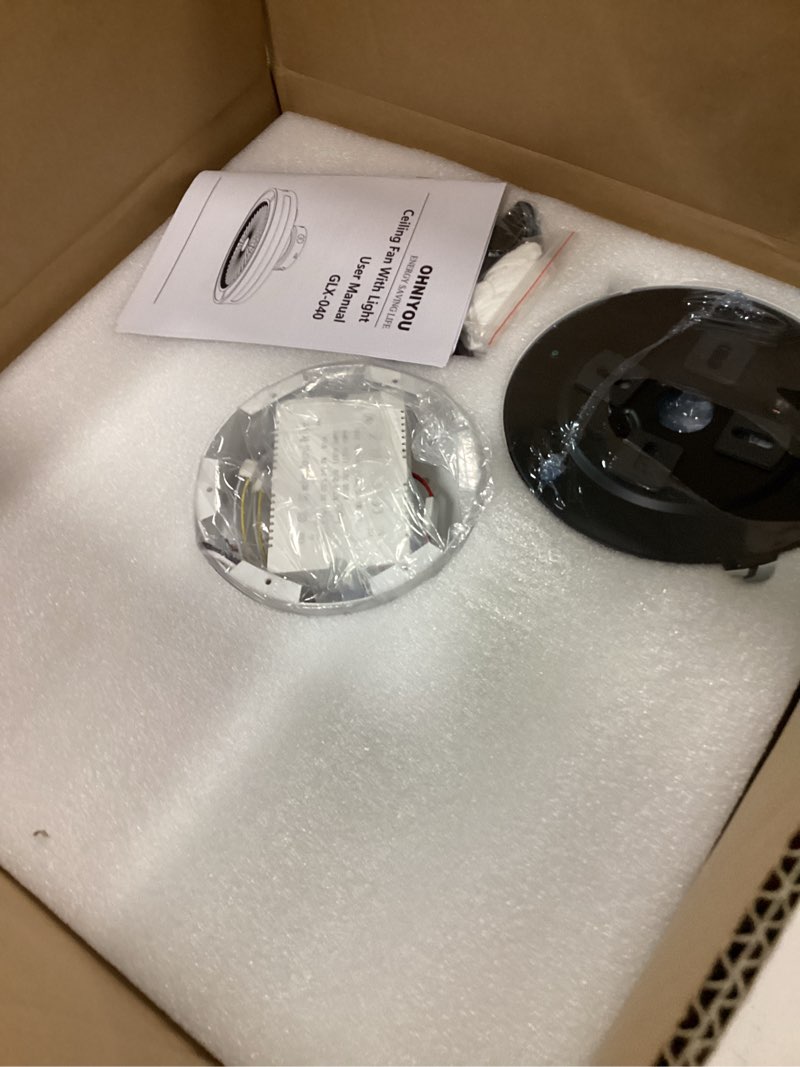 Condition photo showing Good Condition for Ohniyou Low Profile Ceiling Fan with Light, 19'' Small Flush Mount Ceiling Fan, Modern Bladeless Enclosed Ceiling Fans with Dimmable LED Light and Remote for Bedroom, Kid Room, Living Room (White) 19'' White Ceiling Fan