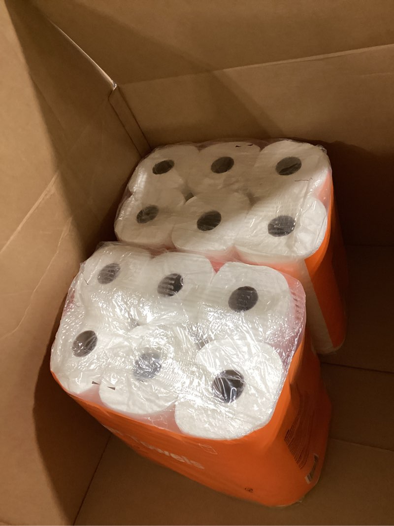 Condition photo showing New/Like New for amazon basics 2-ply flex-sheets paper towels, 12 basics rolls = 40 regular rolls, everyday value with 150 sheets per roll, packaging may vary