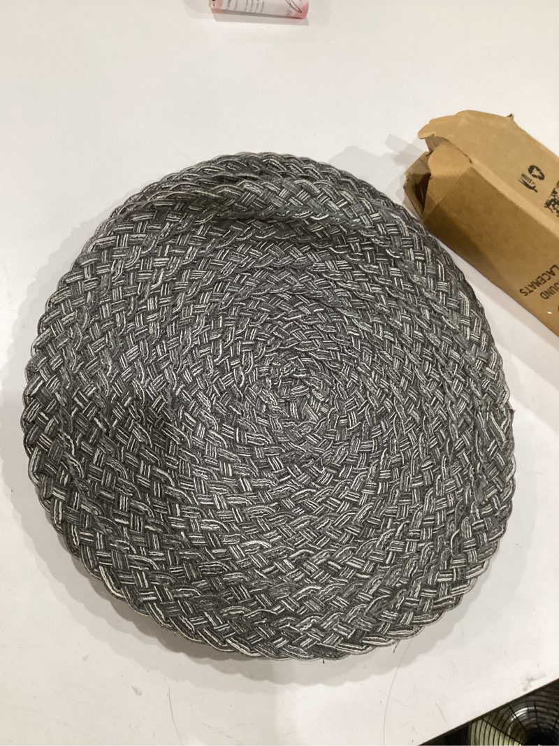 Condition photo showing New/Like New for shacos round braided placemats set of 6 thick woven placemats washable 15 inch circle place mats non slip table mats for dining table, gray white gray white 6