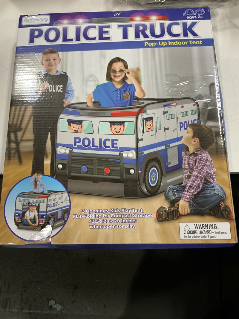 Condition photo showing New/Like New for ArtCreativity Police Car Tent with Carry Bag, Pop Up Indoor Truck for Kids, Police Officer Outdoor Playhouse, Flat-Folding Kids Play Tent for Interactive Fun, Compact Storage Vehicle Toy