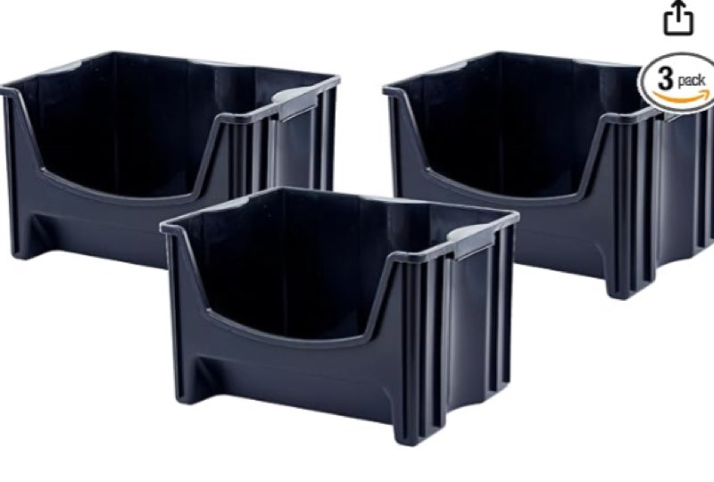 mighty tuff jumbo stackable storage bins, pack of 3, easy-access storage, large easy-to-grip handles, wide front opening, interlocking, stack vertically, black
