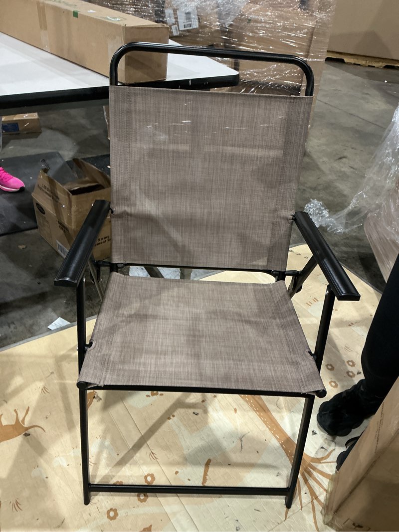 Condition photo showing Good Condition for crestlive products set of 2 patio dining chairs, outdoor folding chairs portable sling recliner with armrest for camping, garden, backyard, deck brown brown 2 pcs