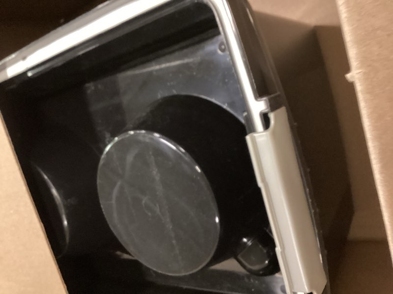 Condition photo showing As Is for IRIS USA Elevated Dog Bowls, 15" H Raised Bowl for Large Dogs, Airtight Pet Food Storage Holds Up to 47 Lbs, 2 Removable 64 oz Stainless Steel Bowls, at Home or Camping, Smoke/Black Large - 15"H Smoke