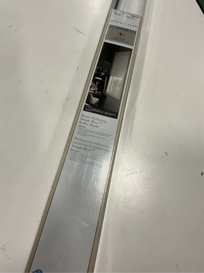 Condition photo showing As Is for Allen + Roth 58-in x 72-in White Room Darkening Cordless Roller Shade