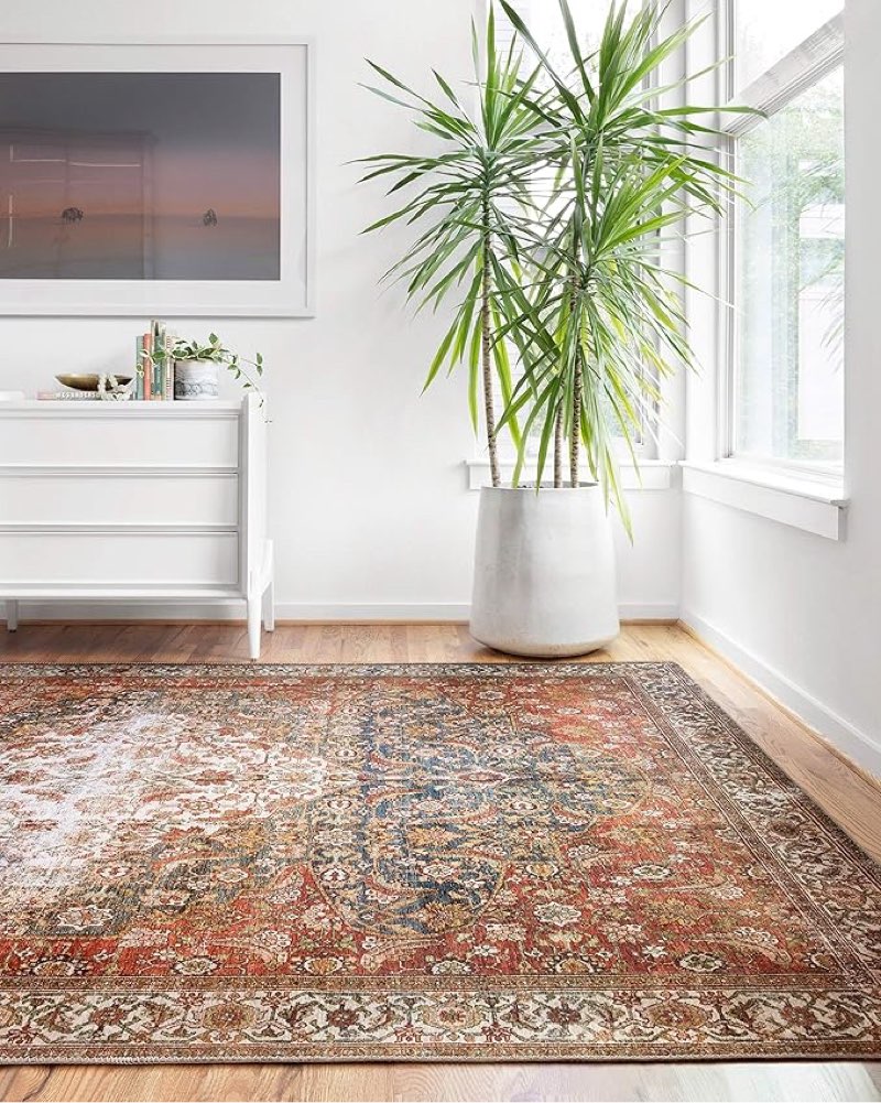 Loloi Layla Collection LAY-05 Ocean/Multi 7'-6" x 9'-6" .13" Thick Area Rug, Soft, Durable, Vintage Inspired, Distressed, Low Pile, Non-Shedding, Easy Clean, Printed, Living Room Rug