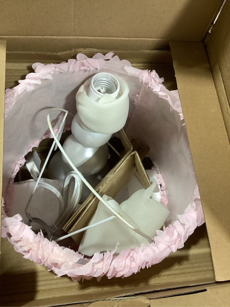 Condition photo showing Good Condition for Levtex Baby - Elise Table Lamp and Shade - Spindle Base with Pink Rosette Shade Lamp - Nursery Accessories - Measurements: 22 in. high and 6 in. Diameter