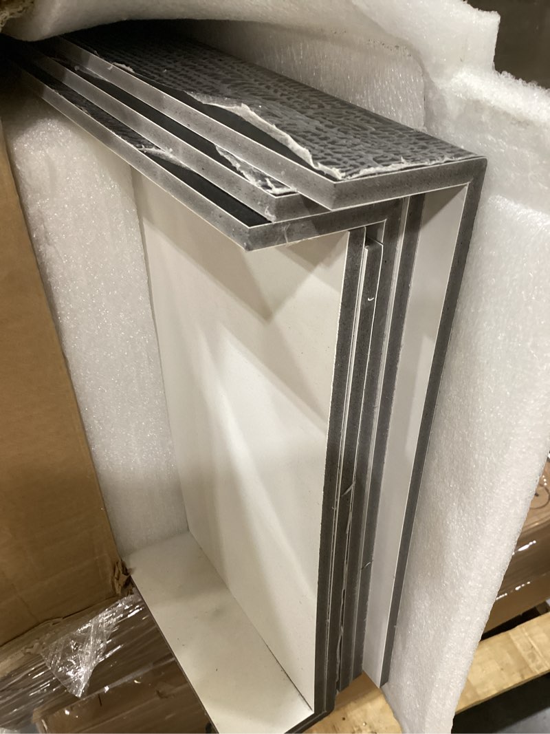Condition photo showing As Is for black 16x38 in 5-pack wood cover for wire shelves capable of resisting moisture, for diyers in bathroom