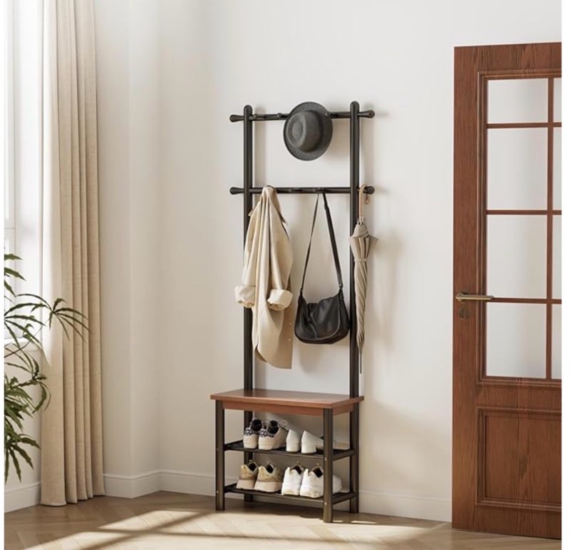 yqjjgl coat rack with shoe storage, wood and metal frame, entryway hall tree with bench, featuring 1