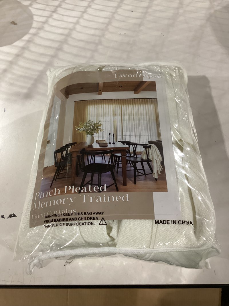 Condition photo showing New/Like New for natural pinch pleated linen curtains 84 inch length 2 panels for living room bedroom textured cream ivory birch semi sheer boho neutral back tab pinch pleat hooks rings window curtain 84 inches long