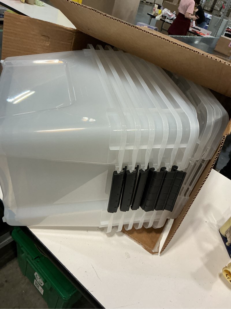 Condition photo showing Good Condition for iris usa 32 qt plastic storage box with lid and latches - 6 pack - bpa-free, see-through organizing solution, durable nestable stackable containers, secure pull handle - clear clear 32 qt 6 pack