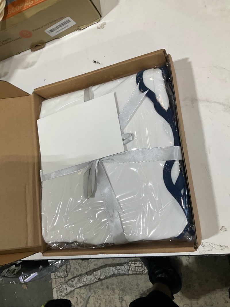 Condition photo showing New/Like New for hig off-white chic full bed skirt - easy fit scallop edge pleated bedskirts, 14 inch drop anti-slip dust ruffle, thick fabric for enhanced privacy, pre-washed for long-lasting use(n60022) white/navy full 14.0 inches