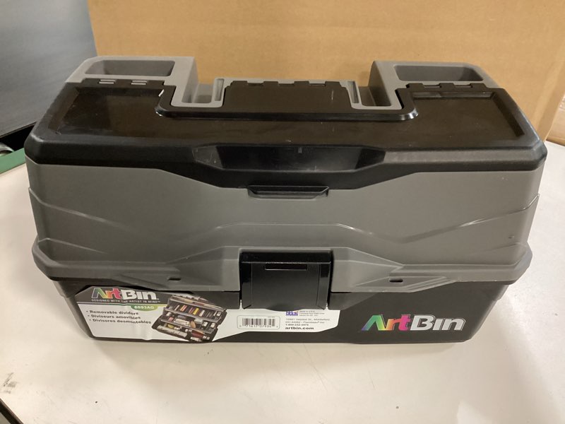 Condition photo showing As Is for ArtBin 3-Tray Art Supply Box Versatile Organizer for Brushes, Paints, Stamps, and More - Durable Hard Plastic, Secure Closure, Portable with Top Trays and Dividers Three Tray