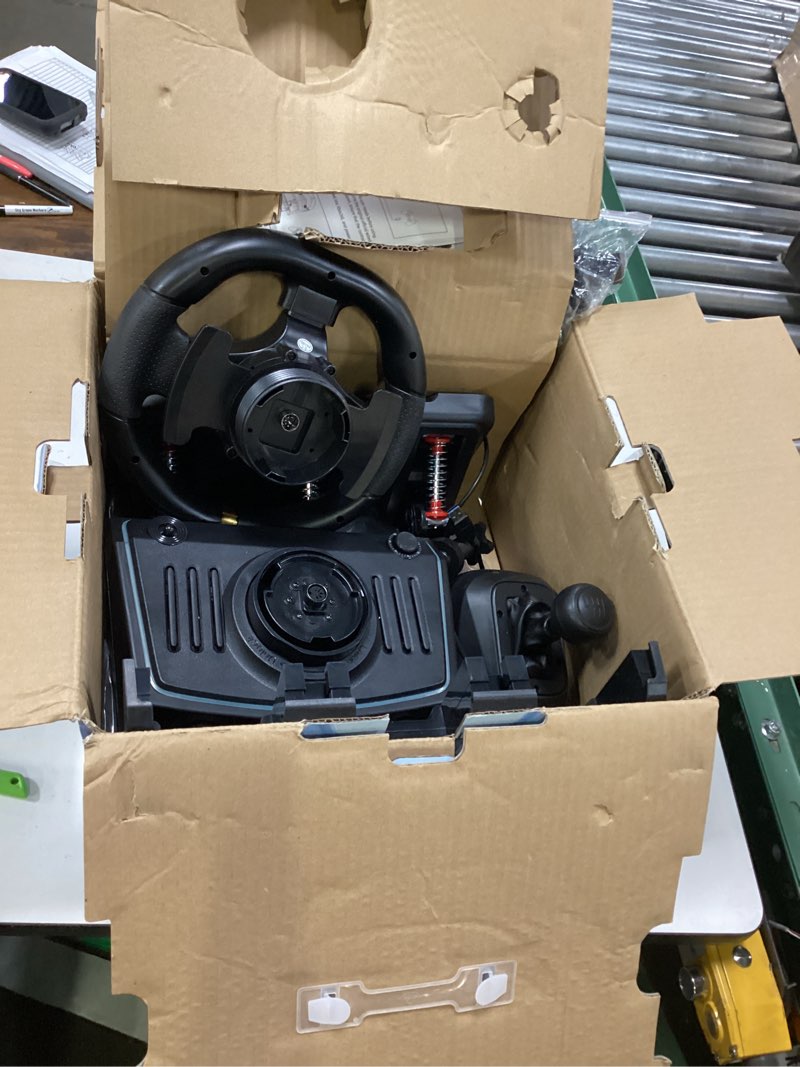 Condition photo showing As Is for doyo gaming steering wheel with pedals and shifter, 1080° racing wheel, hall effect pedals, vibration feedback, paddle shifters, steering wheel for pc/xbox one/xbox series x/ps3/switch - plug & play 1080° 5 in 1 black