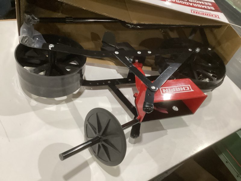 Condition photo showing As Is for chapin 8701b garden push seeder planter with 6 seed plates for up to 20 varieties of seeds, zinc plow blade, row marker, powder coated steel frame, red/black