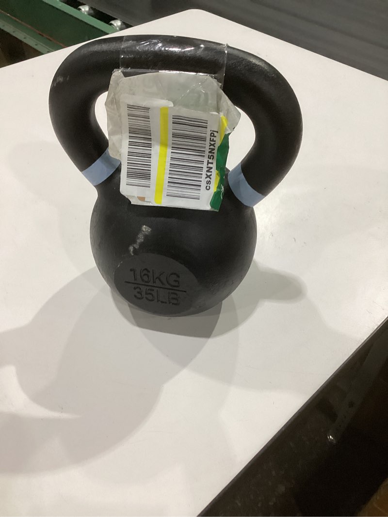 Condition photo showing As Is for yes4all powder coated kettlebell, cast iron core kettlebells with non-slip handle & flat bottom for conditioning, heavy duty for strength training, 9lb to 71lb - single & pair light blue a. single