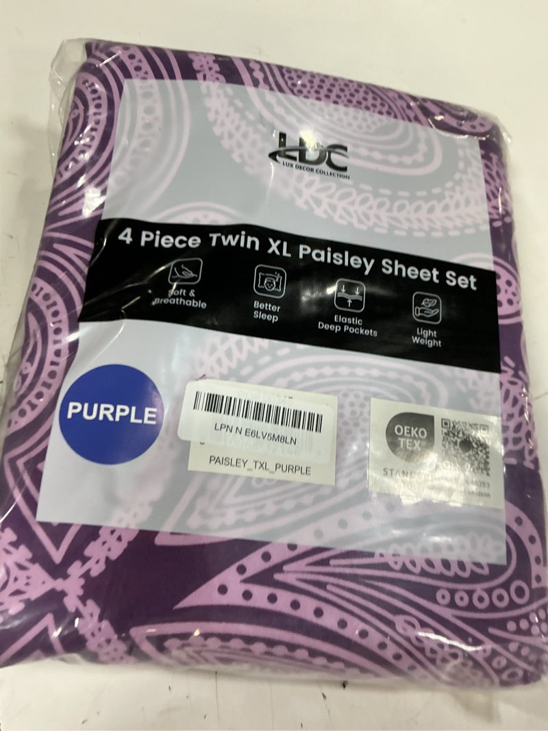 Condition photo showing New/Like New for ultra soft wrinkle-free microfiber paisley twin xl sheet set, cute floral pattern boho print – 16" deep pocket fitted sheet, flat sheet & 2 pillowcases, breathable, oeko-tex - purple paisley purple twin xl