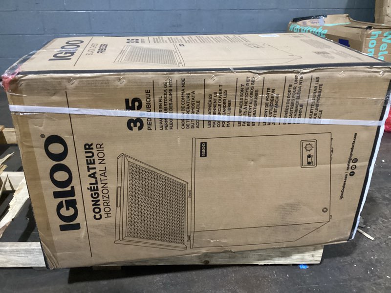Condition photo showing As Is for Igloo 3.5 Cu. Ft. Chest Freezer with Removable Basket and Front Defrost Water Drain, Small Deep Freezer Perfect for Homes, Garages, and RVs, Black