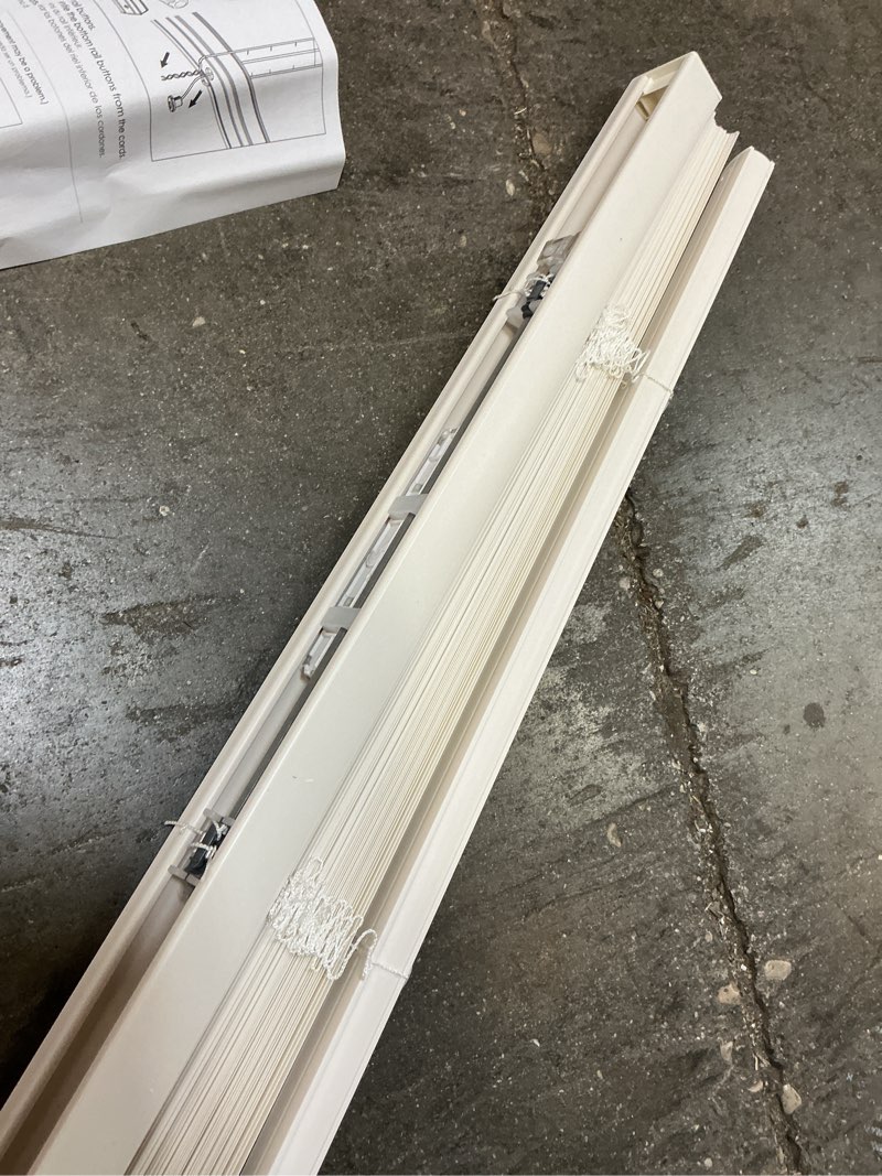 Condition photo showing Good Condition for lotus & windoware cordless mini blind, 1" vinyl slats, 23" wide x 42" long - white, window blinds for home and office, interior door blinds - light filtering