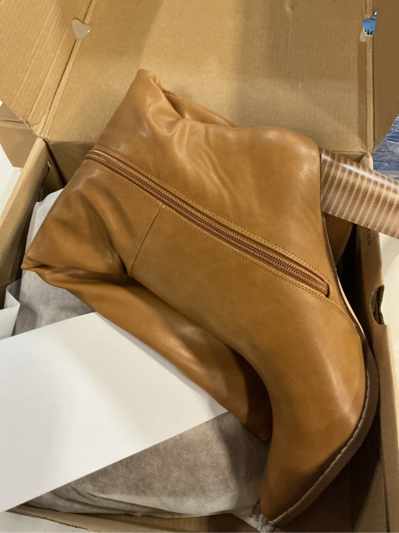 Condition photo showing New/Like New for juliet holy women's knee high boots stacked block heel pointed toe riding boots 10 khaki