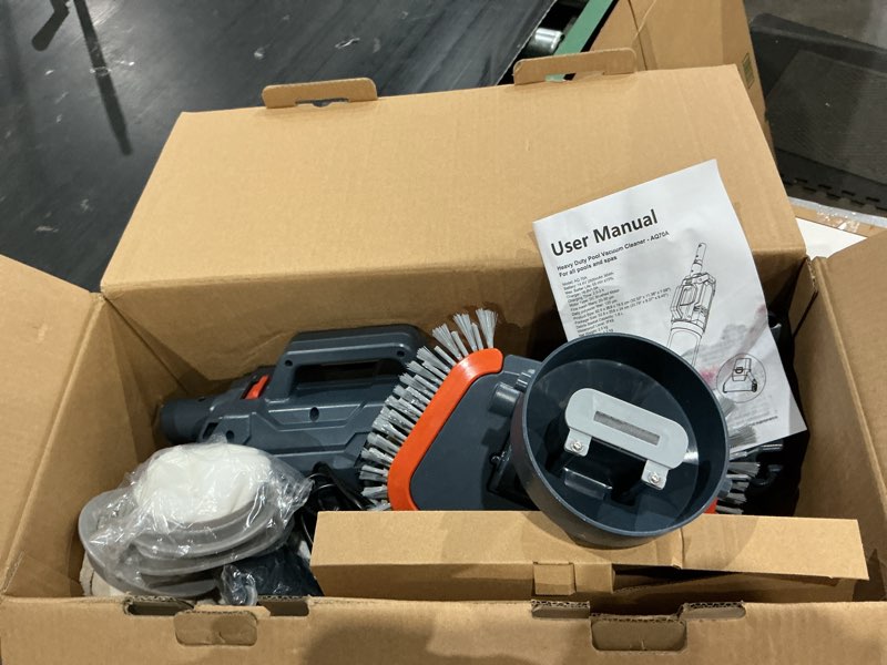 Condition photo showing As Is for cordless heavy duty pool vacuum-true powerful suction 16.8 gpm, 60m run-time, 25µm ultra fine mesh filter, handheld rechargeable hot tub cleaner with poles for above ground&inground pool white-16.8gpm suction-fluff ultra fine filter