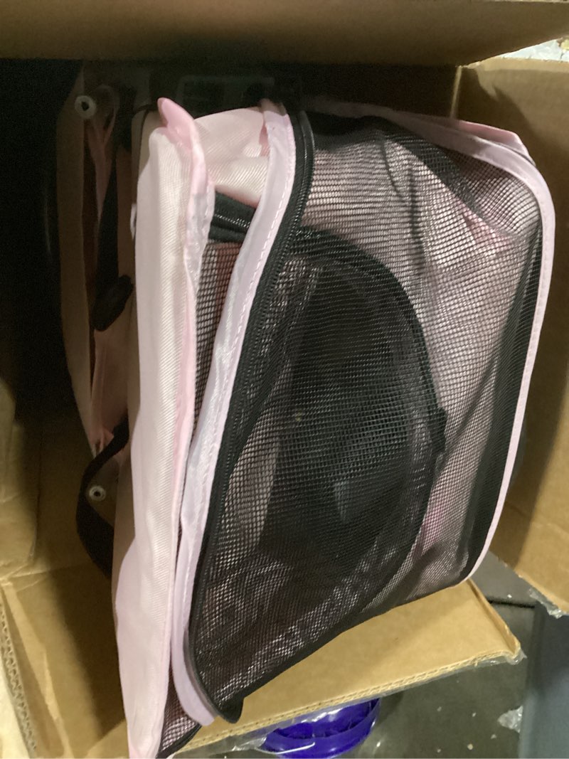Condition photo showing As Is for trixie foldable pet stroller for cats and dogs, pet carrier strolling cart with weather cover, storage basket, cup holder, pink