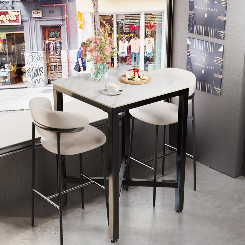 Wisfor Sintered Stone Bar Table: White Square High Top Pub Tables with Black Metal Frame - Small Bre