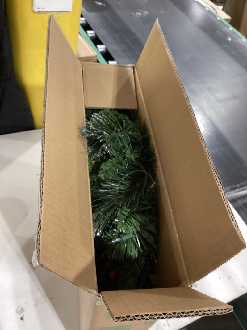 Condition photo showing As Is for National Tree Company 24 in Pre-Lit Crestwood Spruce Artificial Christmas Wreath, Christmas Decoration with Glitter, Pinecones, Red Berries, 50 Clear Lights, 160 Tips, Green 24 in Plug In Wreath