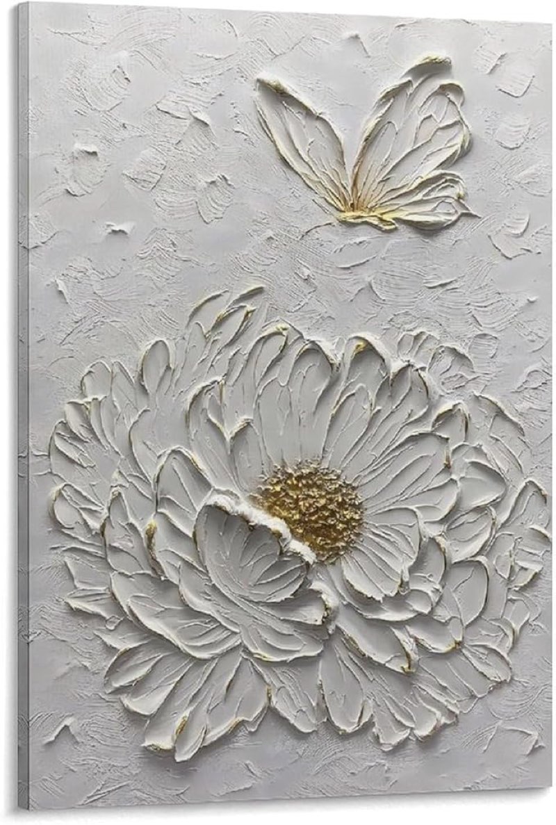 boiee art,24x36inch hand-painted textured butterfly canvas wall art abstract pure white oil paintings modern contemporary wall art framed ready to hang for home decorations 24x36inch pure white