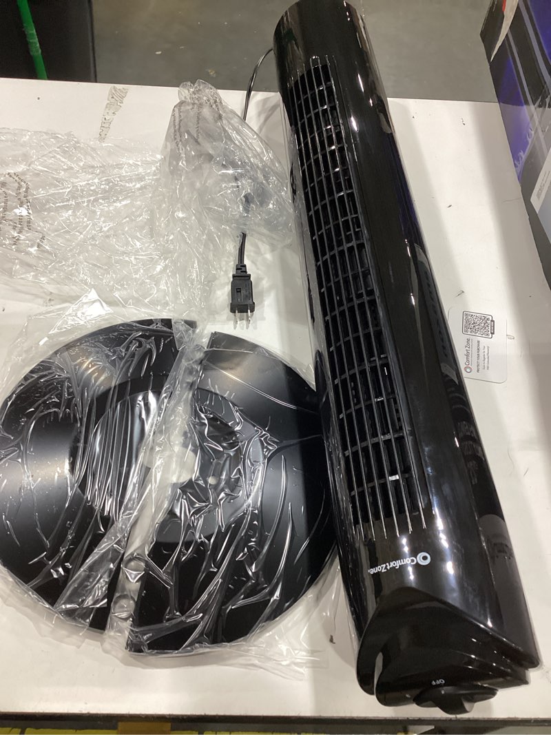Condition photo showing Good Condition for comfort zone 32-inch oscillating tower fan – ultra-slim bladeless design with 3 speeds, 90° wide oscillation & built-in carry handle – quiet portable standing fan for bedroom, home, or office, black