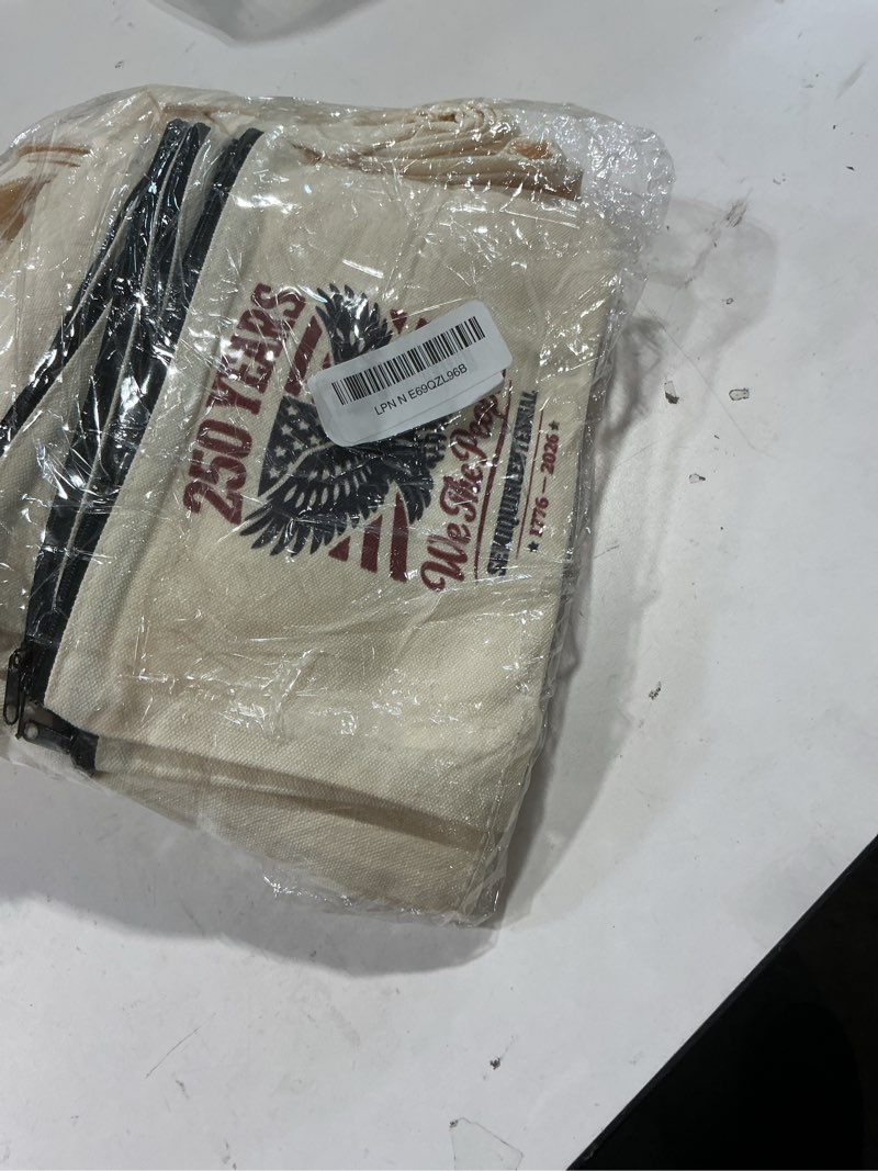Condition photo showing Good Condition for paterr 12 pcs 250 anniversary merchandise patriotic usa tote makeup bag 250th anniversary bulk gifts canvas american flag patriotic veterans day tote bags gifts for women 1776-2026