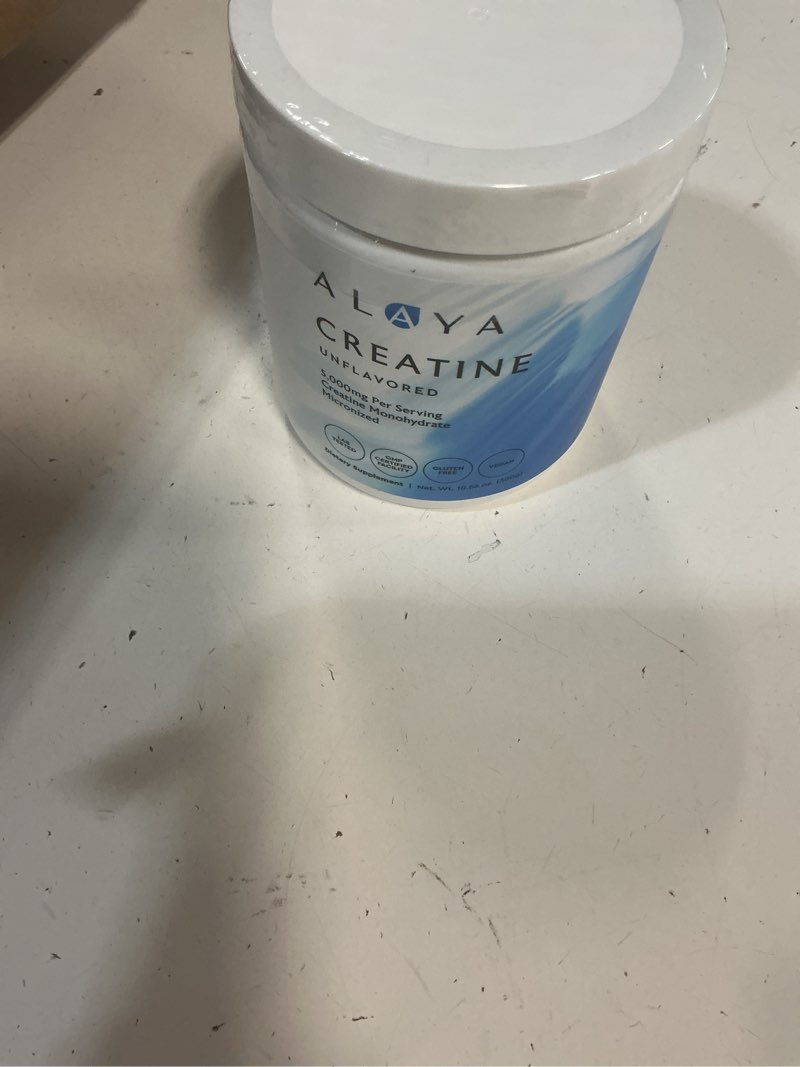 Condition photo showing New/Like New for (exp 02/2028) alaya naturals micronized creatine monohydrate powder – pure performance fuel for strength, mental focus, vegan, non-gmo, easily mixable & flavorless - 5 g